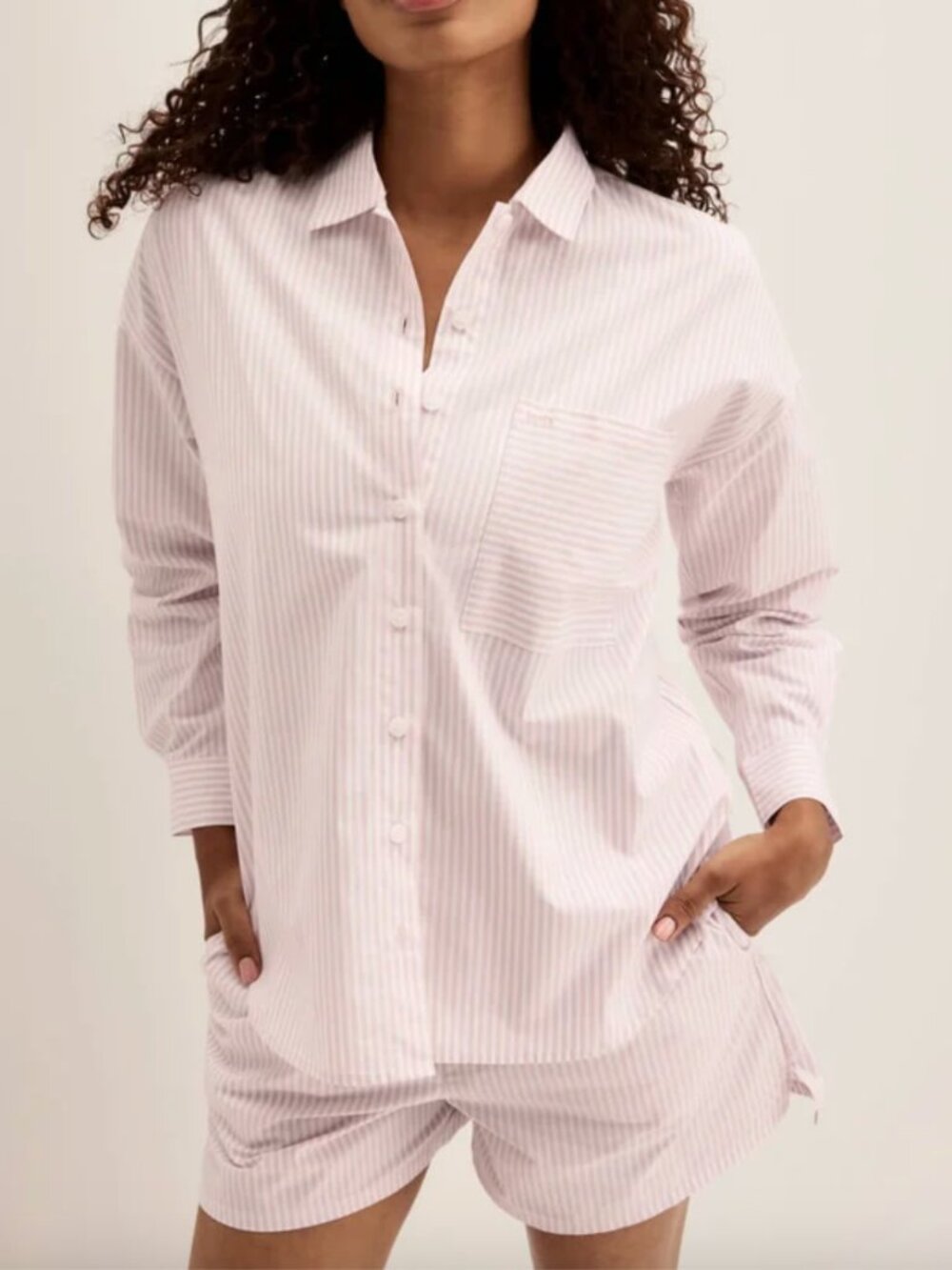Knix Classic Cotton PJ Set Medium Light Pink White Stripe Long Sleeve Shorts